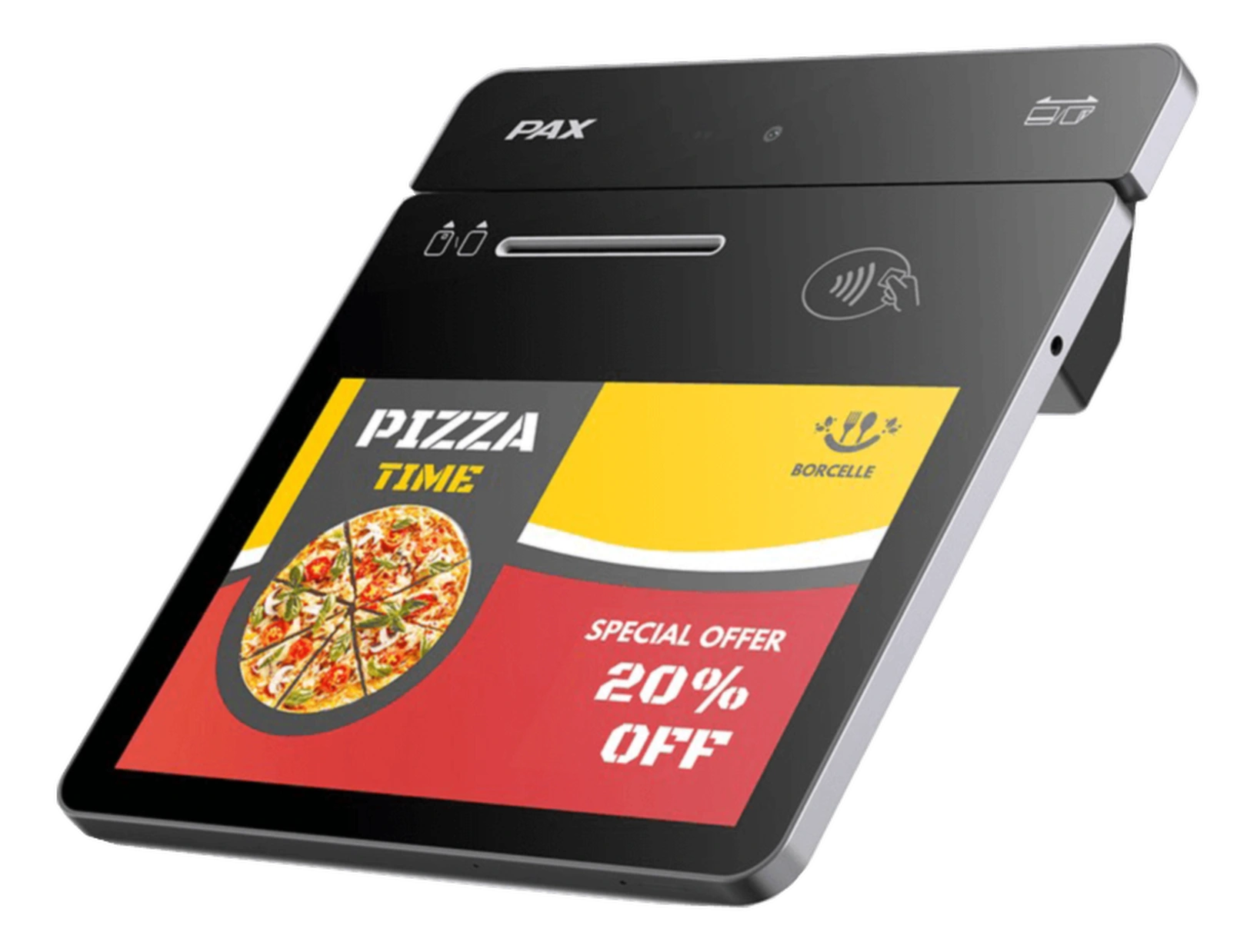Countertop POS displaying a pizza menu